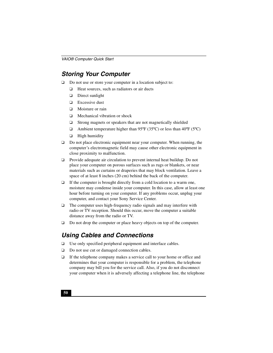 Storing your computer, Using cables and connections, Storing your computer using cables and connections | Sony PCG-GRX700P User Manual | Page 50 / 68