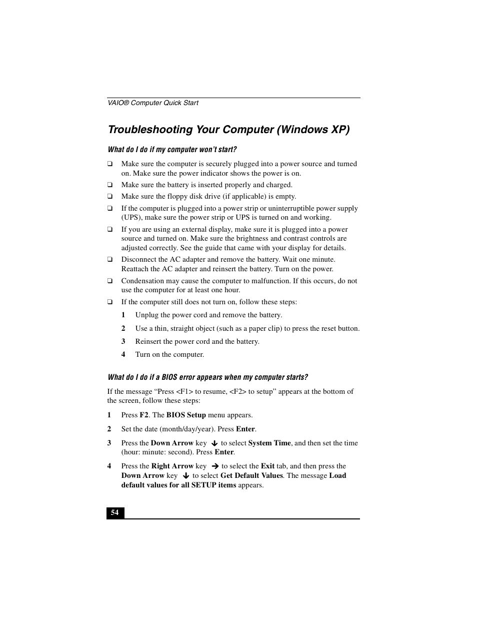 Troubleshooting your computer (windows xp) | Sony PCG-GRX700P User Manual | Page 54 / 68