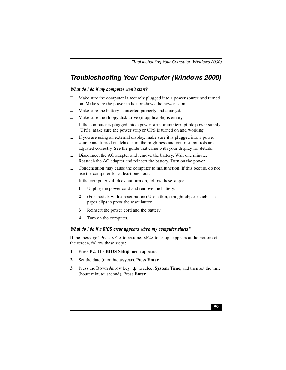 Troubleshooting your computer (windows 2000) | Sony PCG-GRX700P User Manual | Page 59 / 68