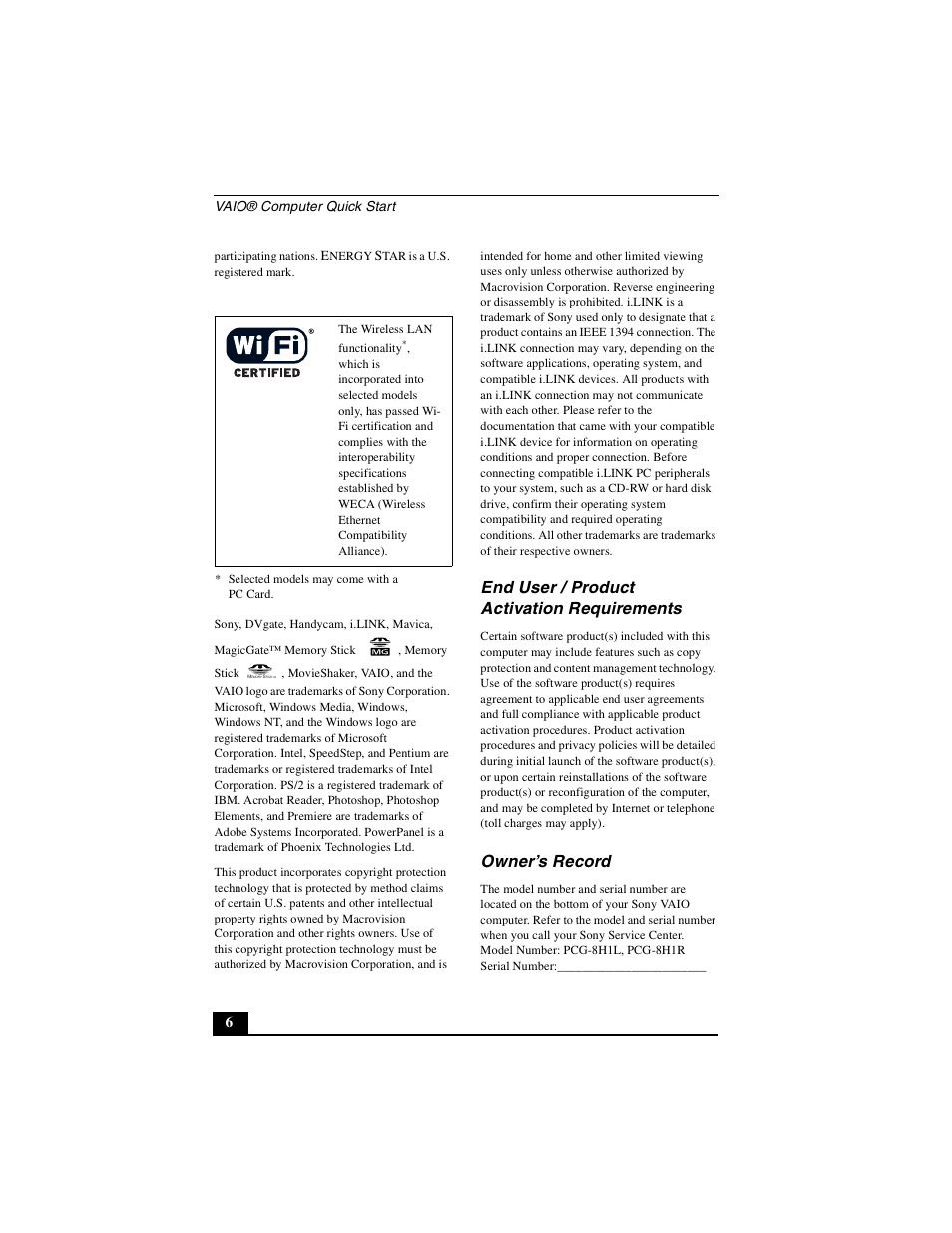 End user / product activation requirements, Owner’s record | Sony PCG-GRX700P User Manual | Page 6 / 68