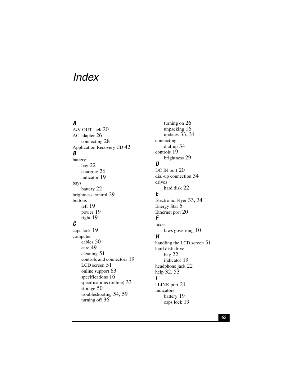 Index | Sony PCG-GRX700P User Manual | Page 65 / 68