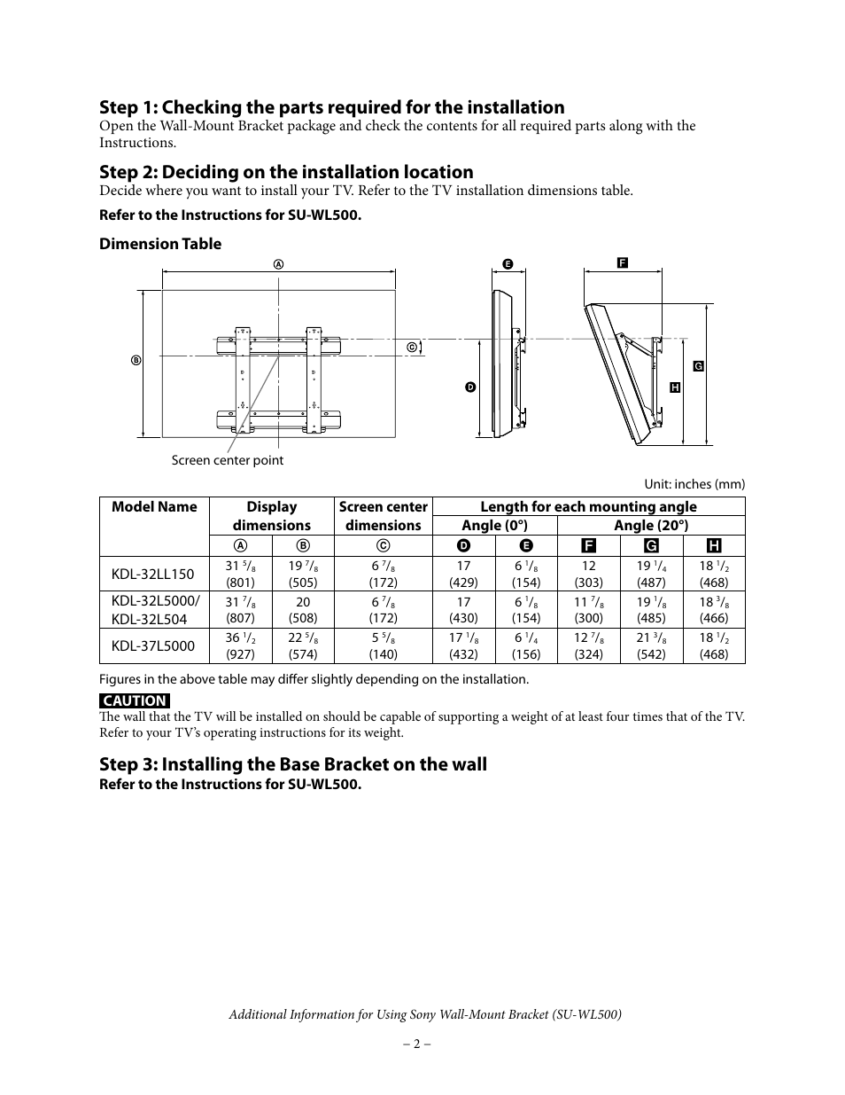 Step 2: deciding on the installation location, Step 3: installing the base bracket on the wall, Dimension table | Sony KDL-37L5000 User Manual | Page 2 / 4