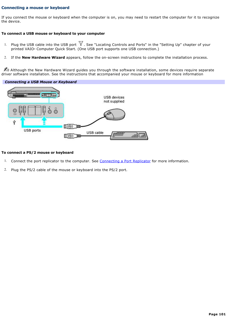 Connecting a mouse or keyboard | Sony PCG-GRT270K User Manual | Page 101 / 187