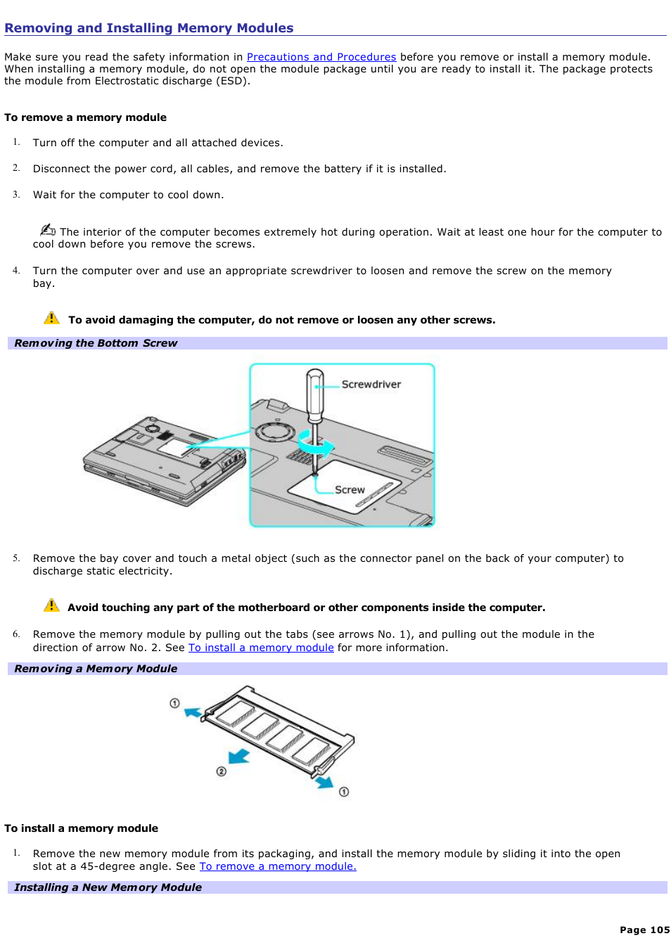 Removing and installing memory modules | Sony PCG-GRT270K User Manual | Page 105 / 187