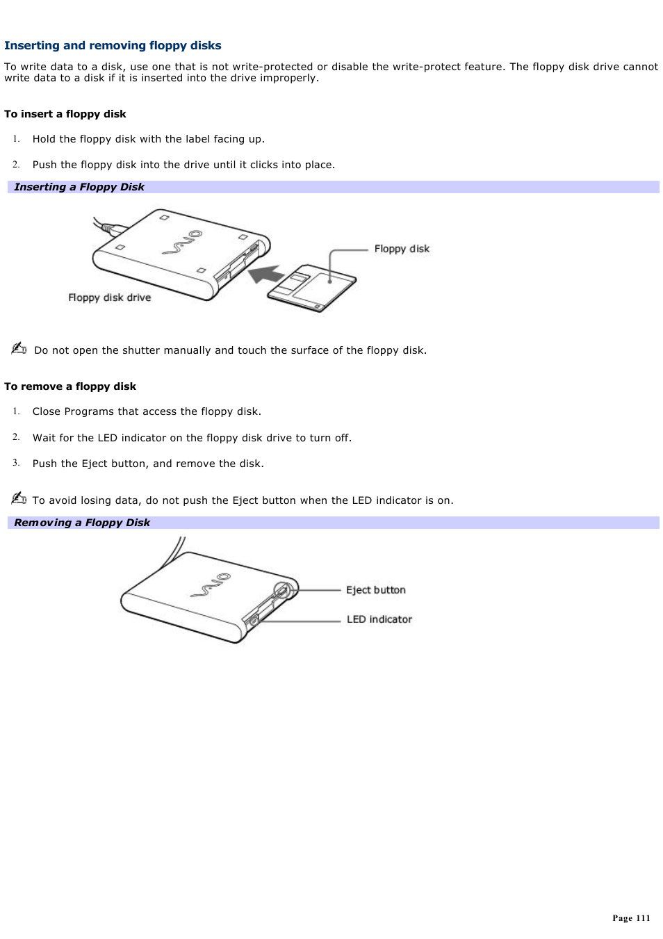 Inserting and removing floppy disks | Sony PCG-GRT270K User Manual | Page 111 / 187