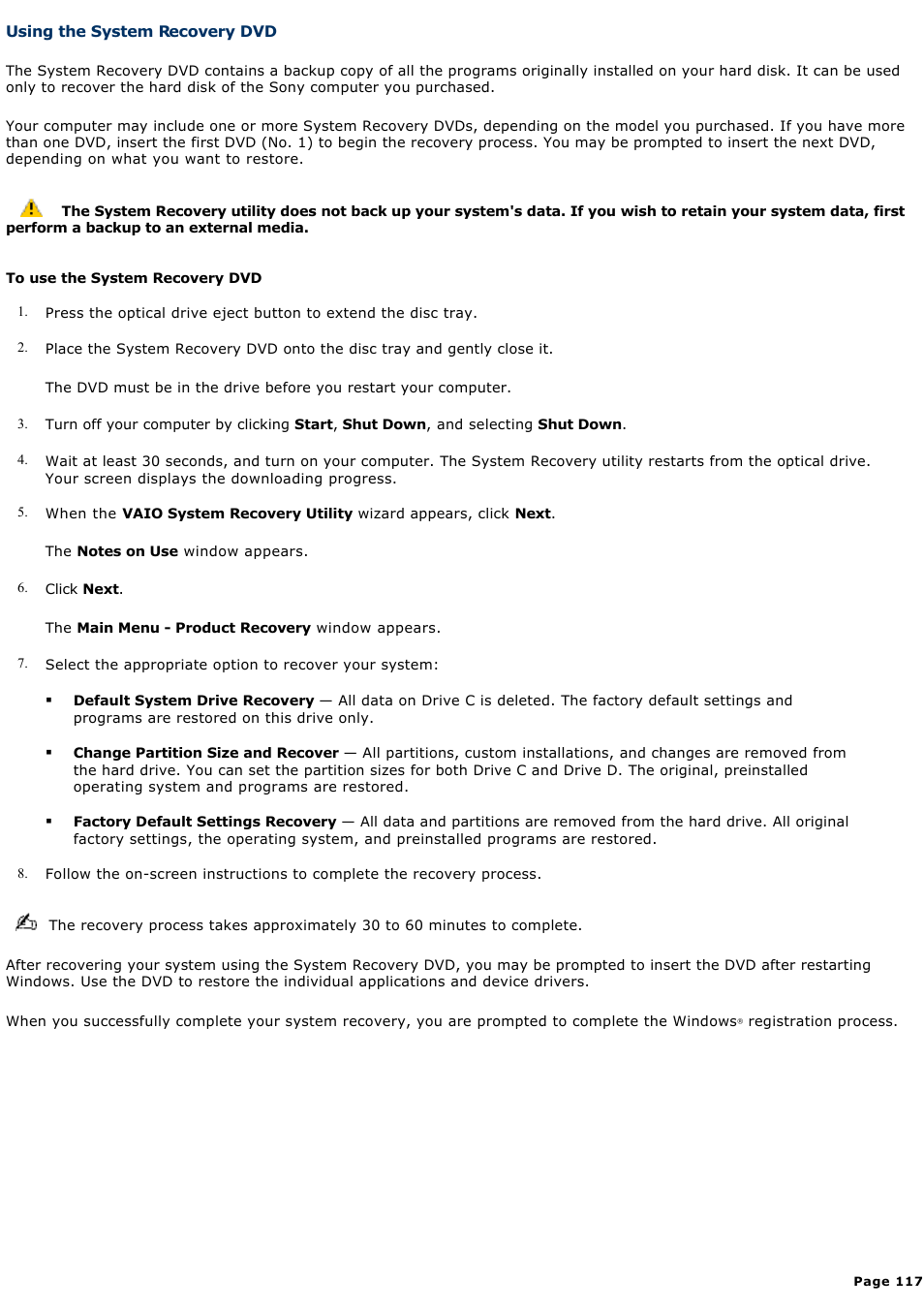 Using the system recovery dvd | Sony PCG-GRT270K User Manual | Page 117 / 187