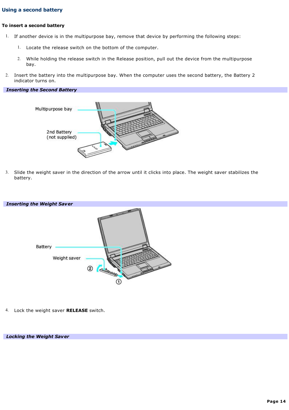 Using a second battery | Sony PCG-GRT270K User Manual | Page 14 / 187