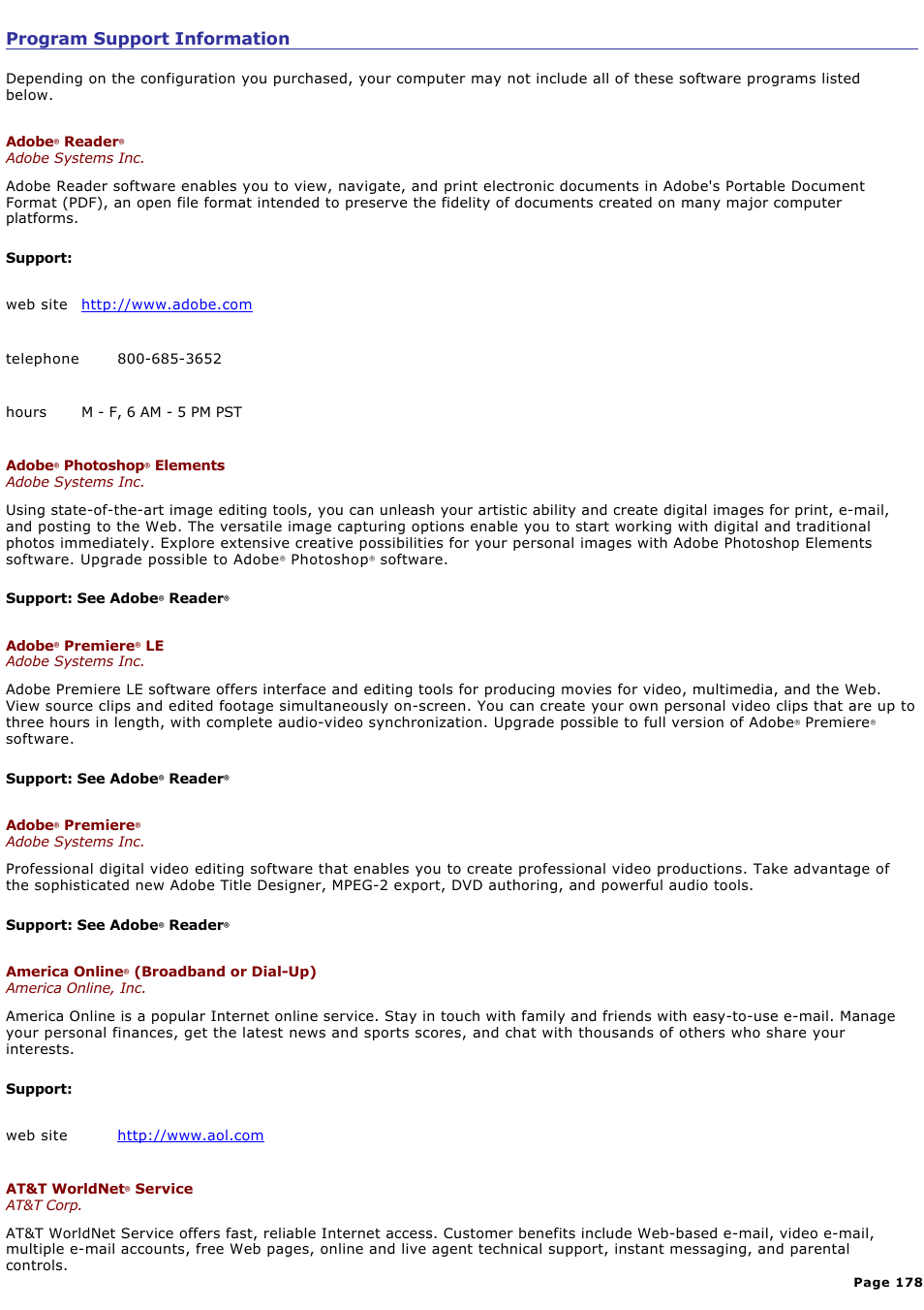 Program support information | Sony PCG-GRT270K User Manual | Page 178 / 187