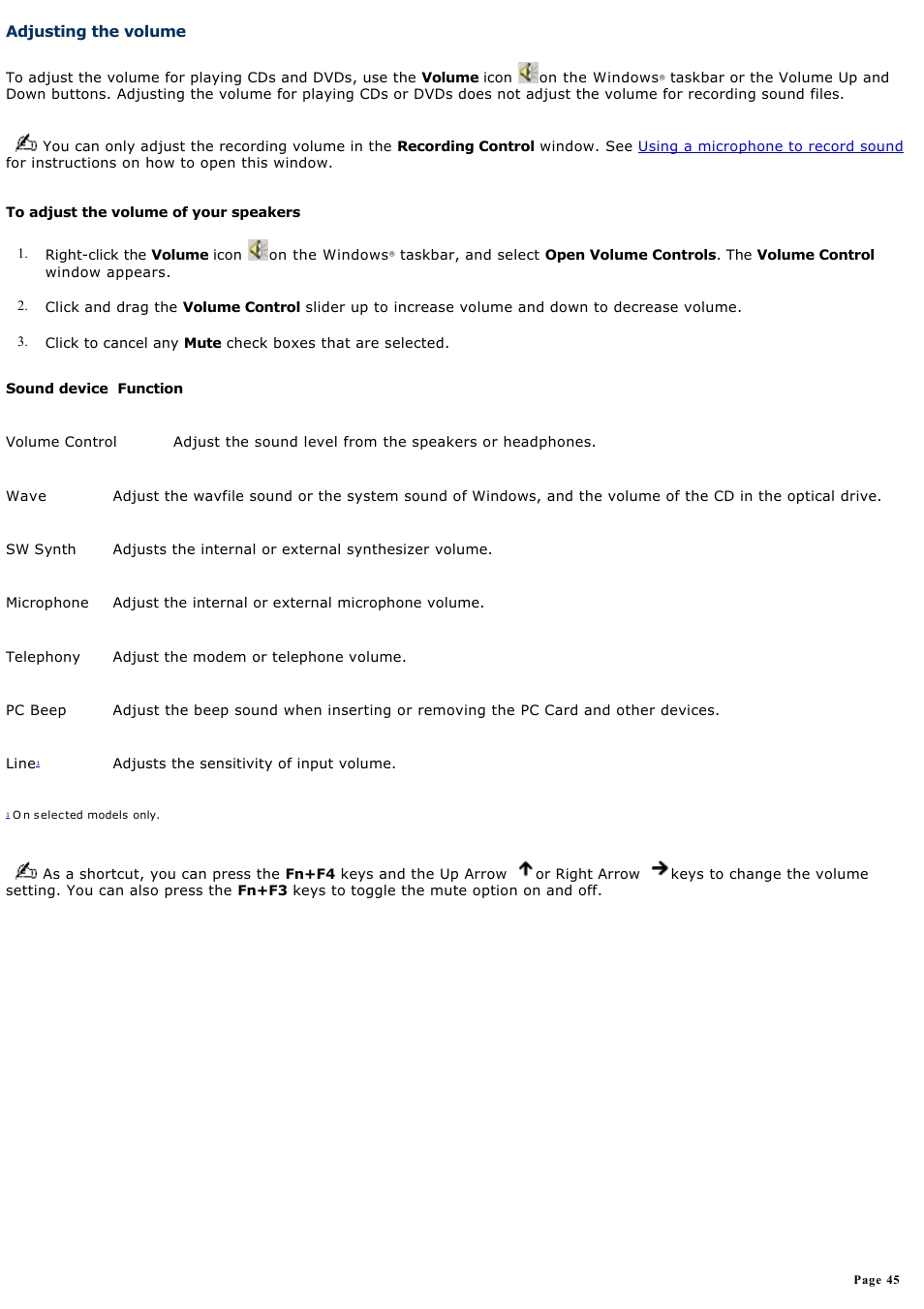 Adjusting the volume | Sony PCG-GRT270K User Manual | Page 45 / 187