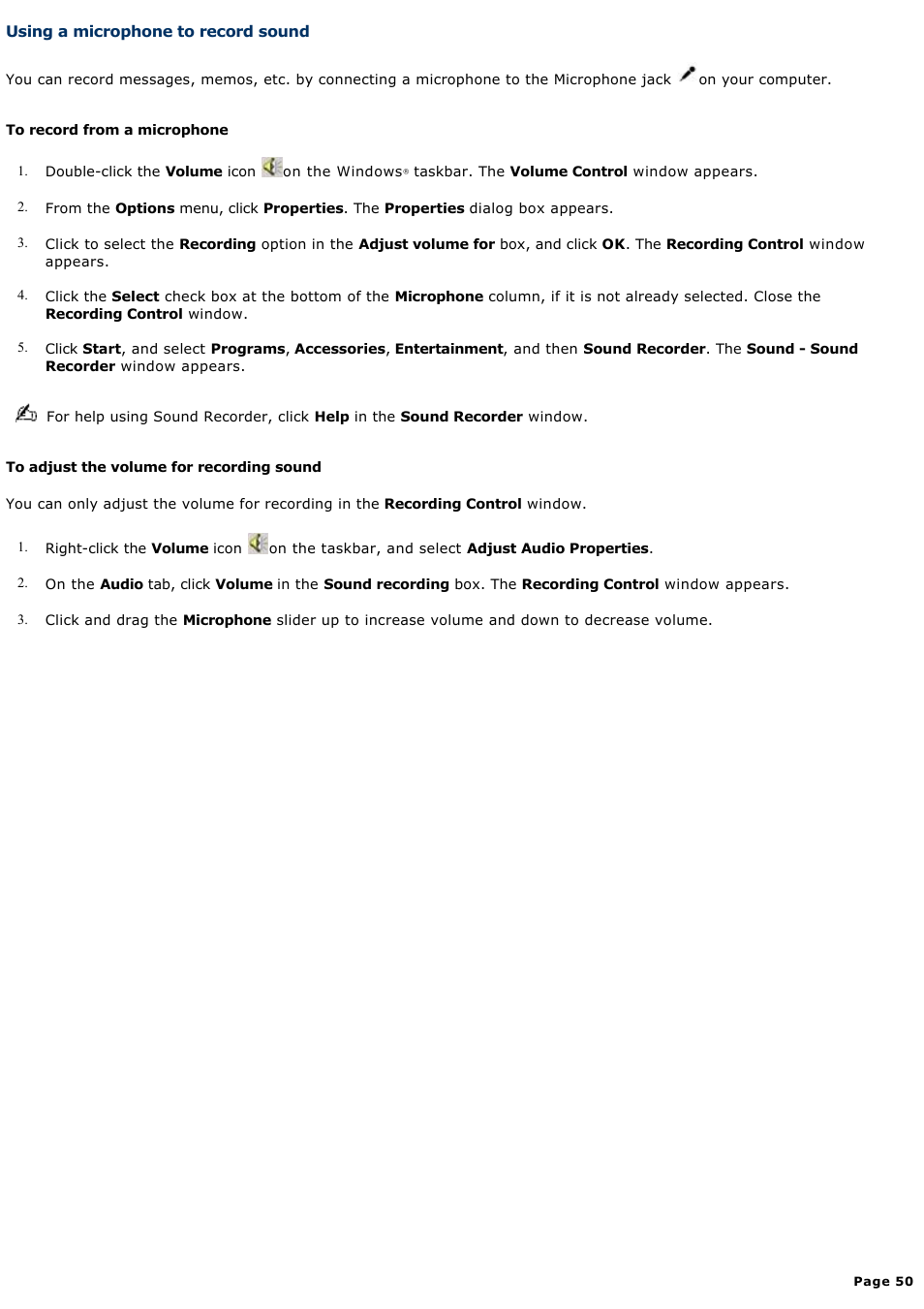 Using a microphone to record sound | Sony PCG-GRT270K User Manual | Page 50 / 187