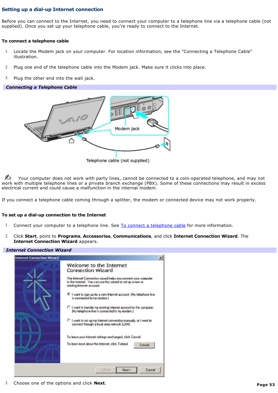 Setting up a dial-up internet connection | Sony PCG-GRT270K User Manual | Page 53 / 187