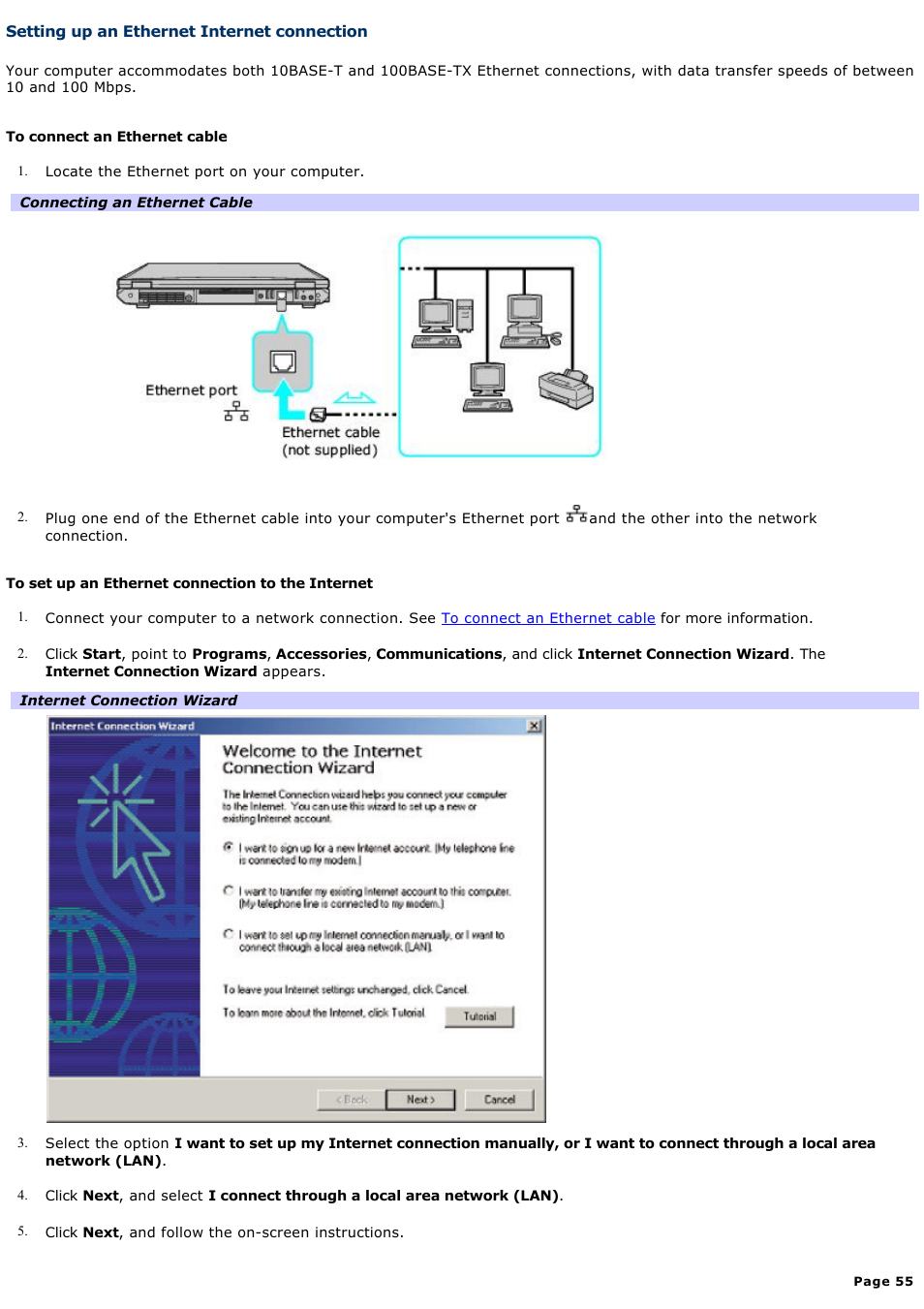 Setting up an ethernet internet connection | Sony PCG-GRT270K User Manual | Page 55 / 187