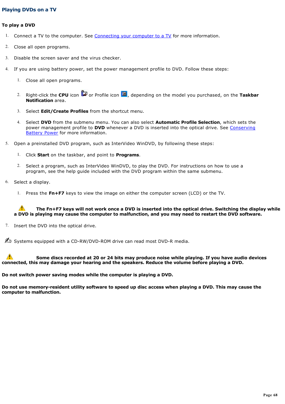 Playing dvds on a tv | Sony PCG-GRT270K User Manual | Page 68 / 187