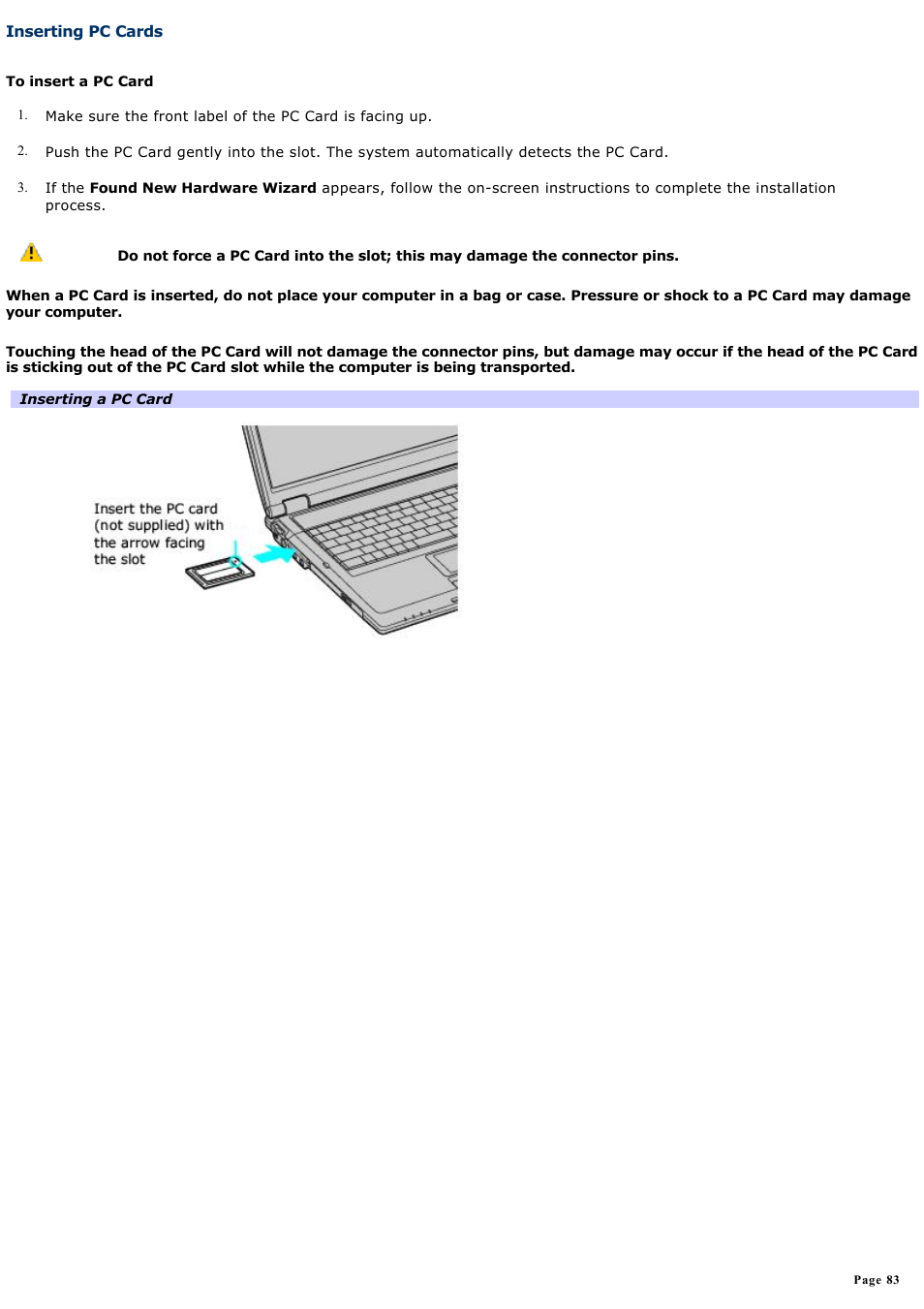 Inserting pc cards | Sony PCG-GRT270K User Manual | Page 83 / 187