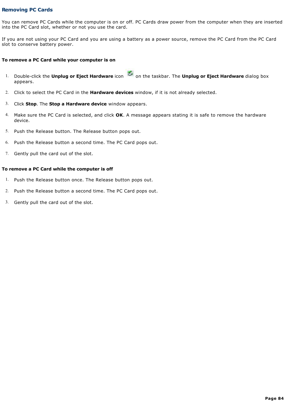 Removing pc cards | Sony PCG-GRT270K User Manual | Page 84 / 187