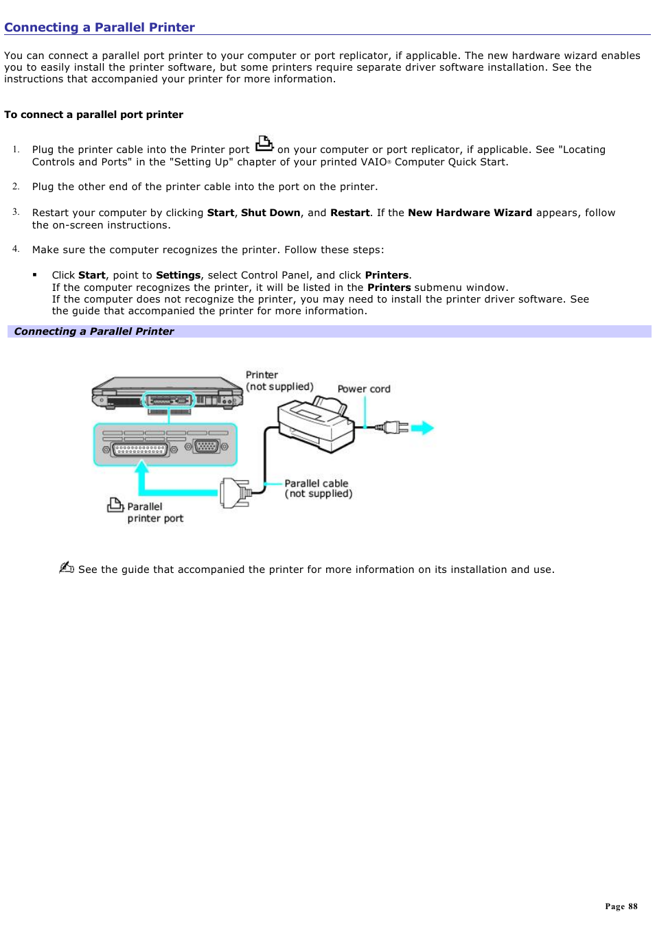 Connecting a parallel printer | Sony PCG-GRT270K User Manual | Page 88 / 187