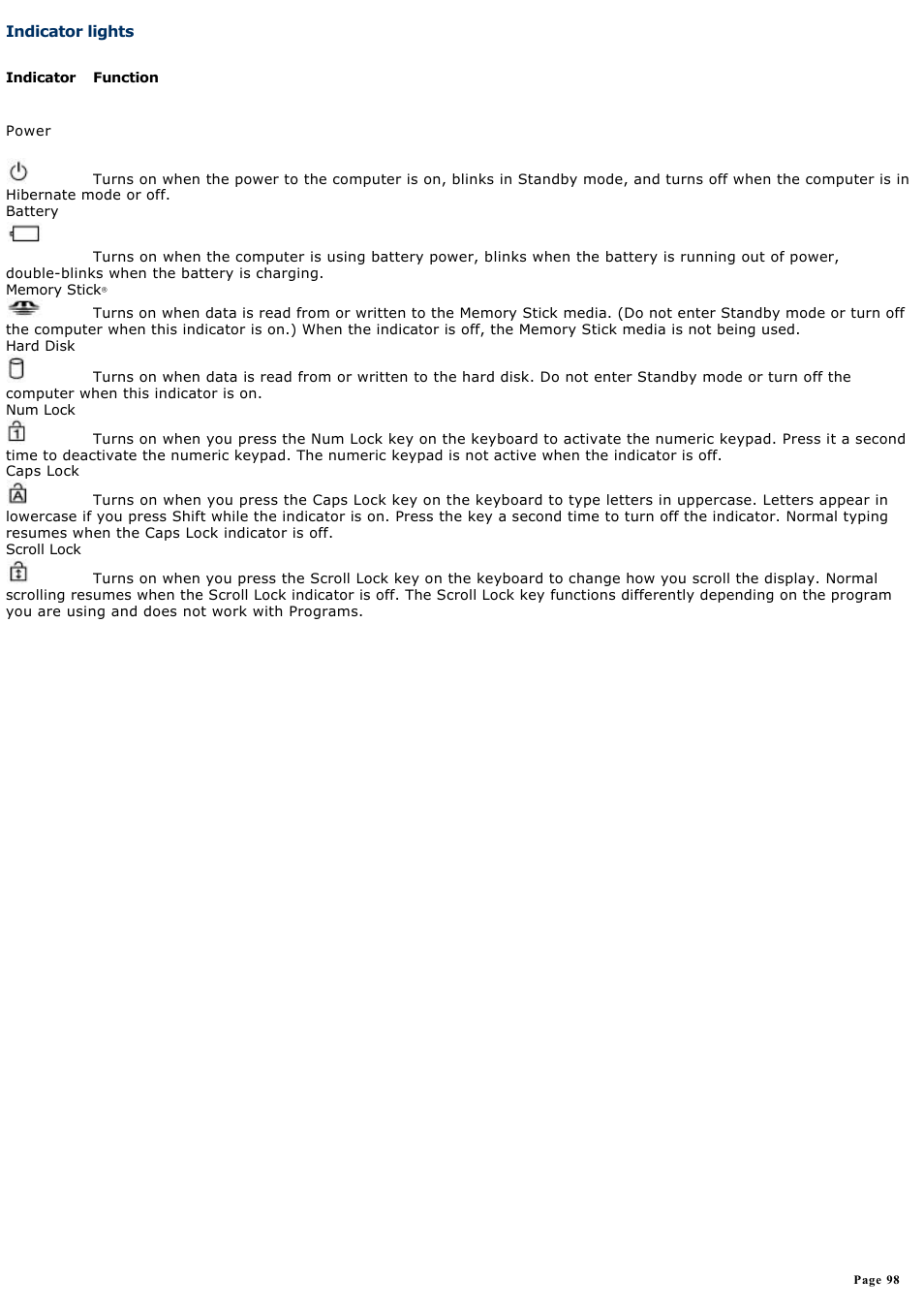 Indicator lights | Sony PCG-GRT270K User Manual | Page 98 / 187