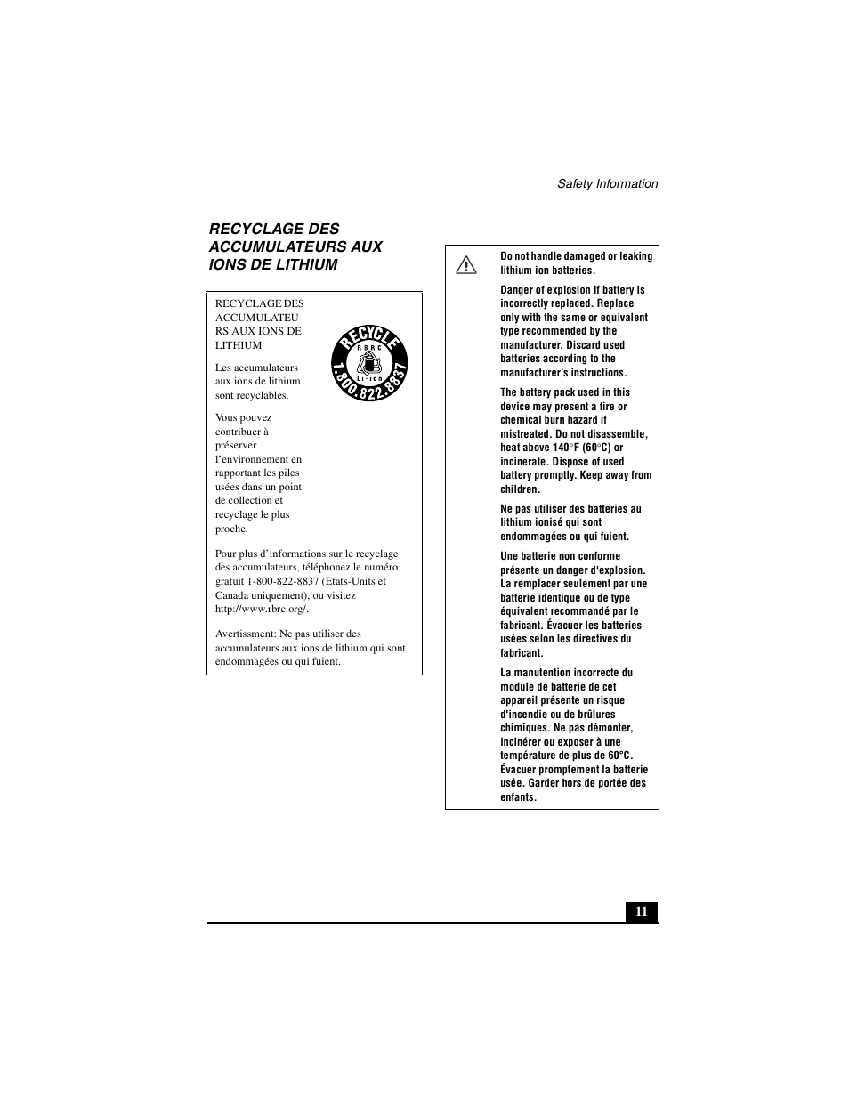 Recyclage des accumulateurs aux ions de lithium | Sony PCG-FXA63 User Manual | Page 11 / 60