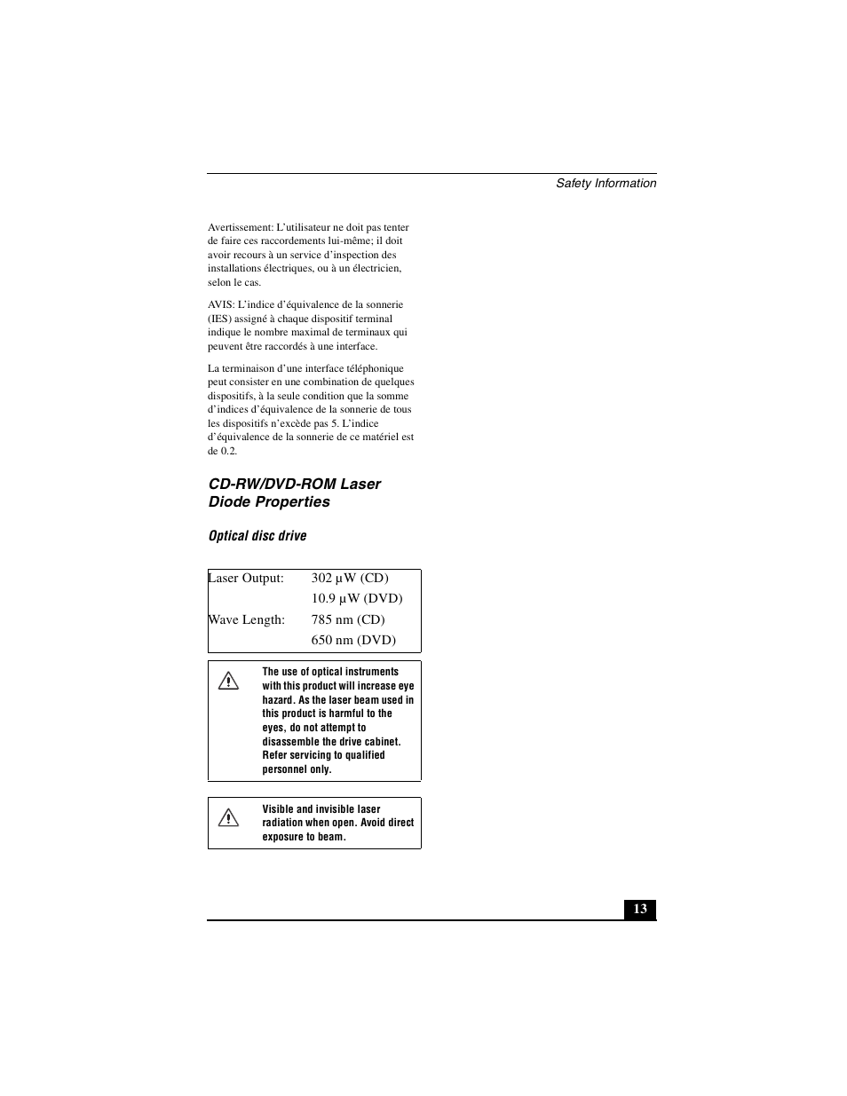 Cd-rw/dvd-rom laser diode properties | Sony PCG-FXA63 User Manual | Page 13 / 60