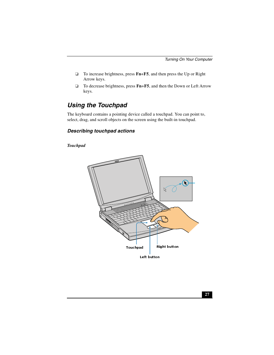 Describing touchpad actions, Using the touchpad | Sony PCG-FXA63 User Manual | Page 27 / 60