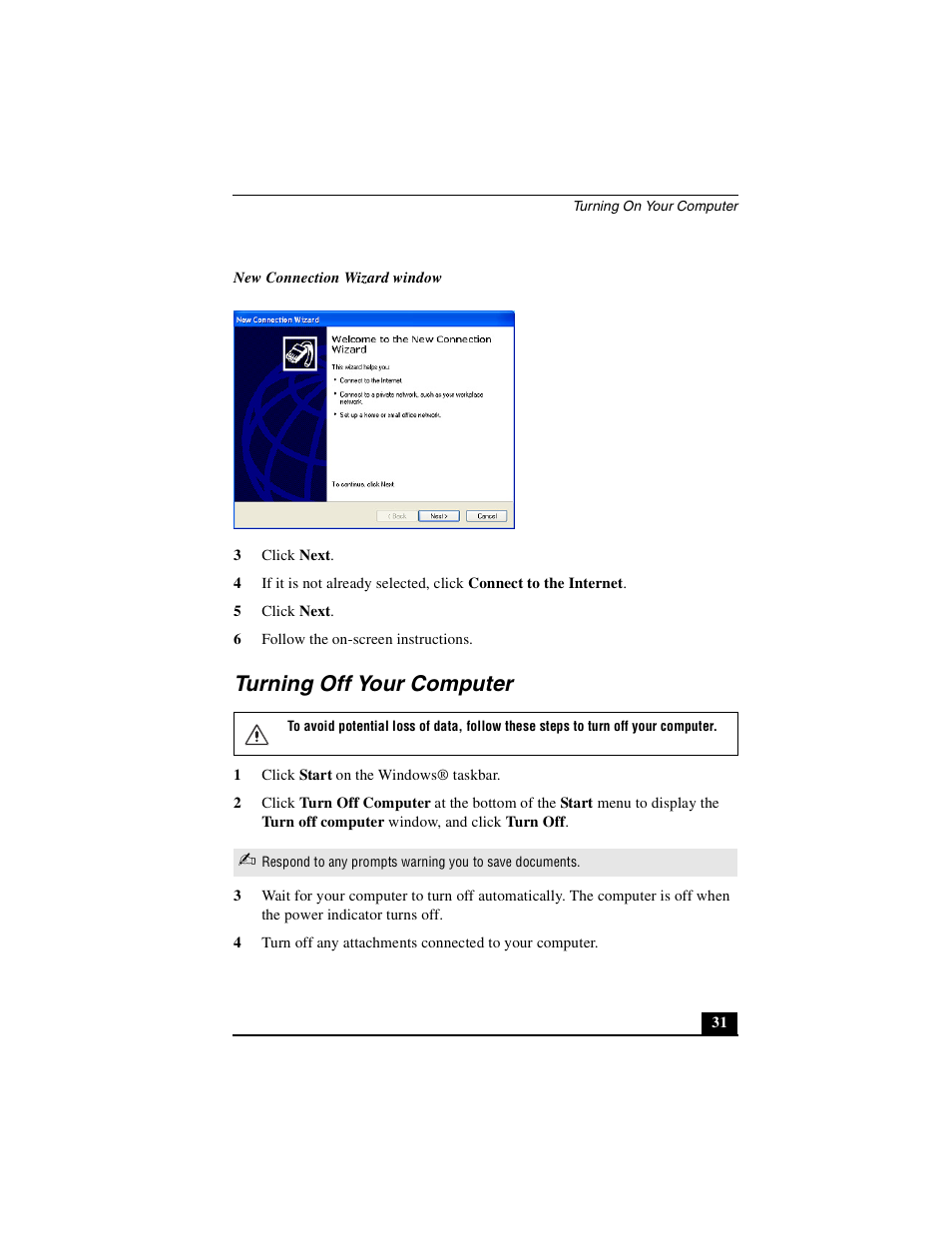 Turning off your computer | Sony PCG-FXA63 User Manual | Page 31 / 60