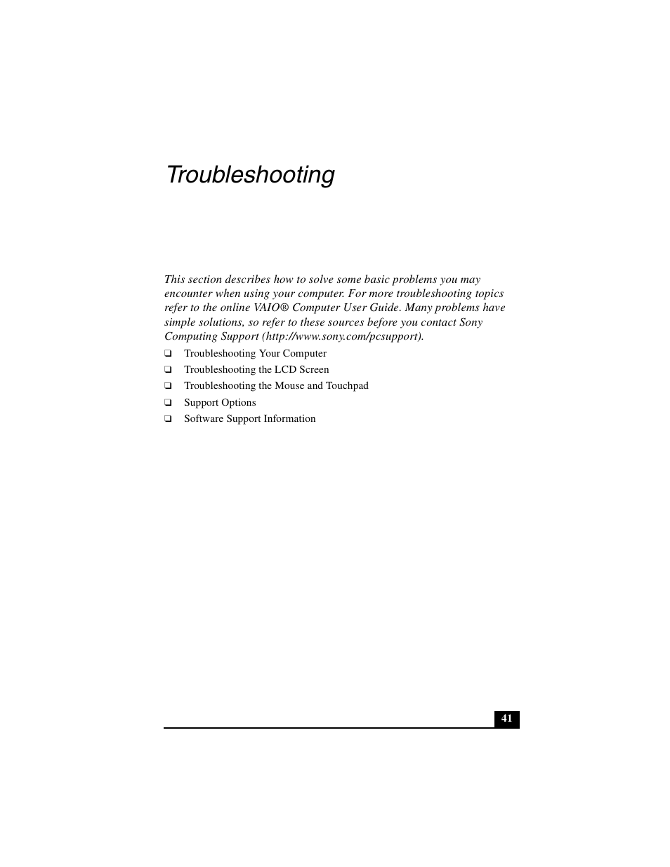 Troubleshooting | Sony PCG-FXA63 User Manual | Page 41 / 60