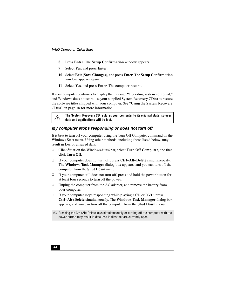 My computer stops responding or does not turn off | Sony PCG-FXA63 User Manual | Page 44 / 60