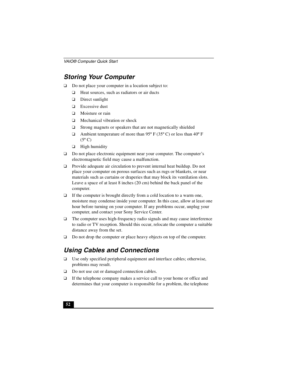 Storing your computer, Using cables and connections, Storing your computer using cables and connections | Sony PCG-FXA63 User Manual | Page 52 / 60