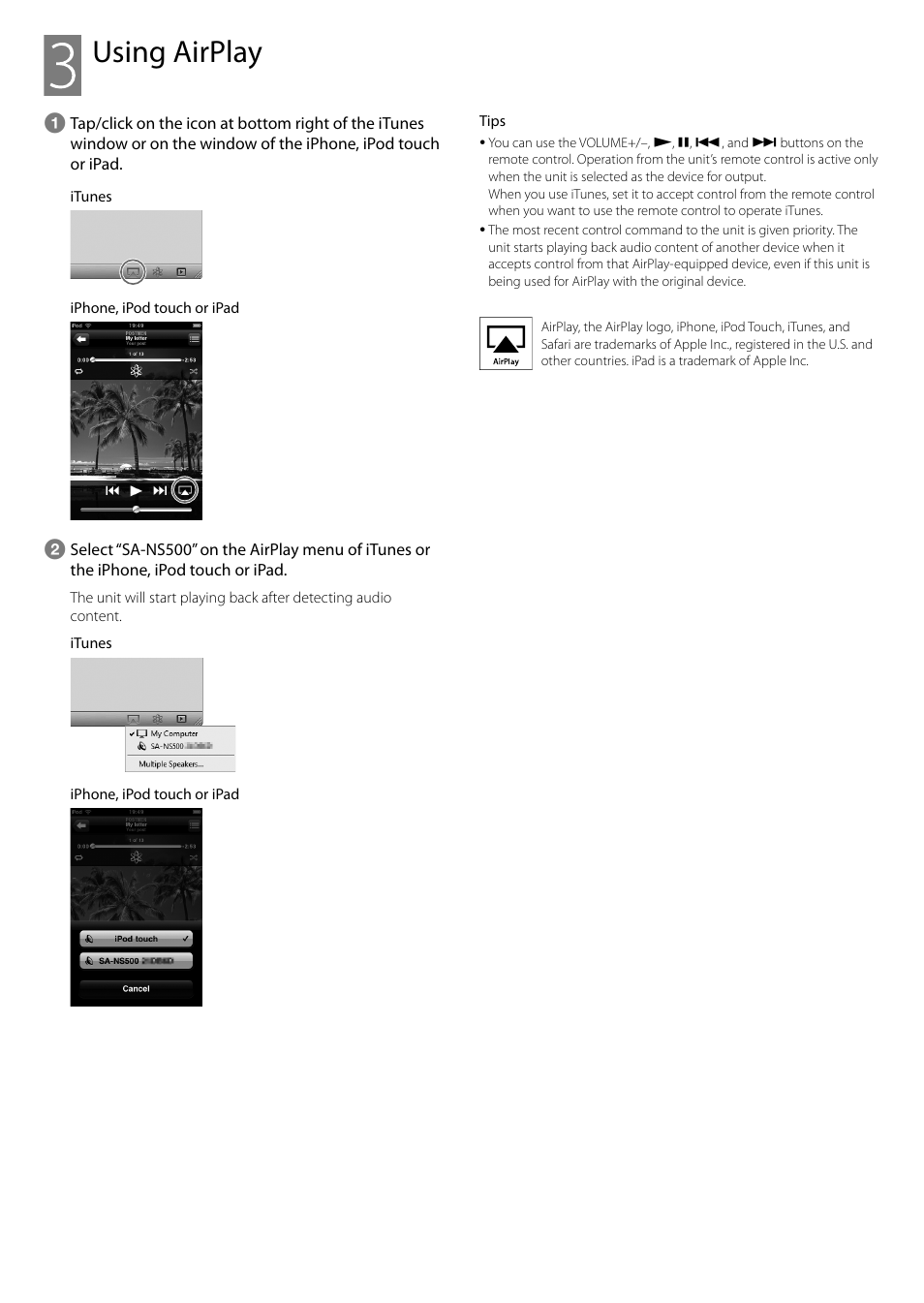 Using airplay | Sony SA-NS500 User Manual | Page 2 / 2