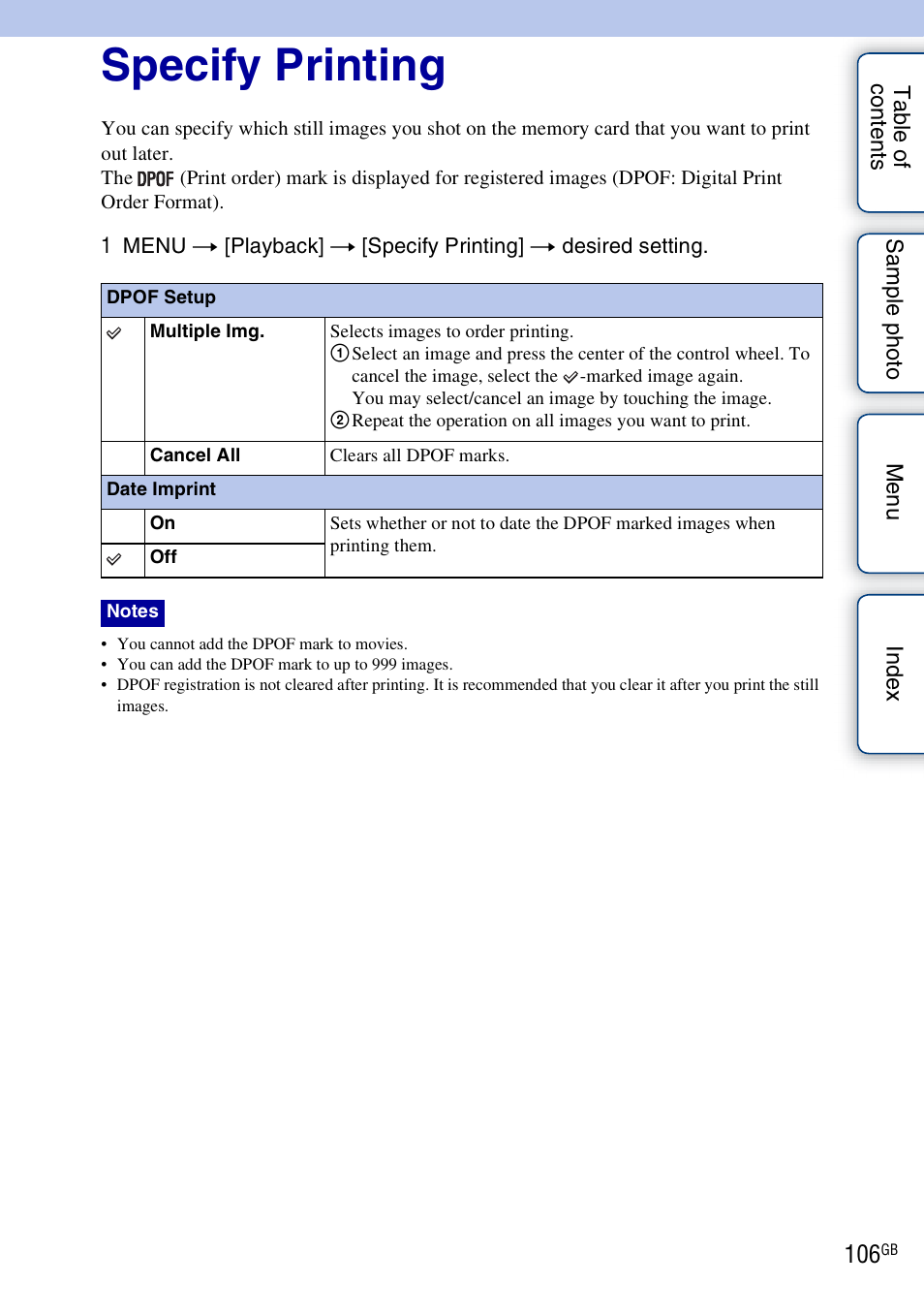 Specify printing | Sony NEX-5NK User Manual | Page 106 / 200