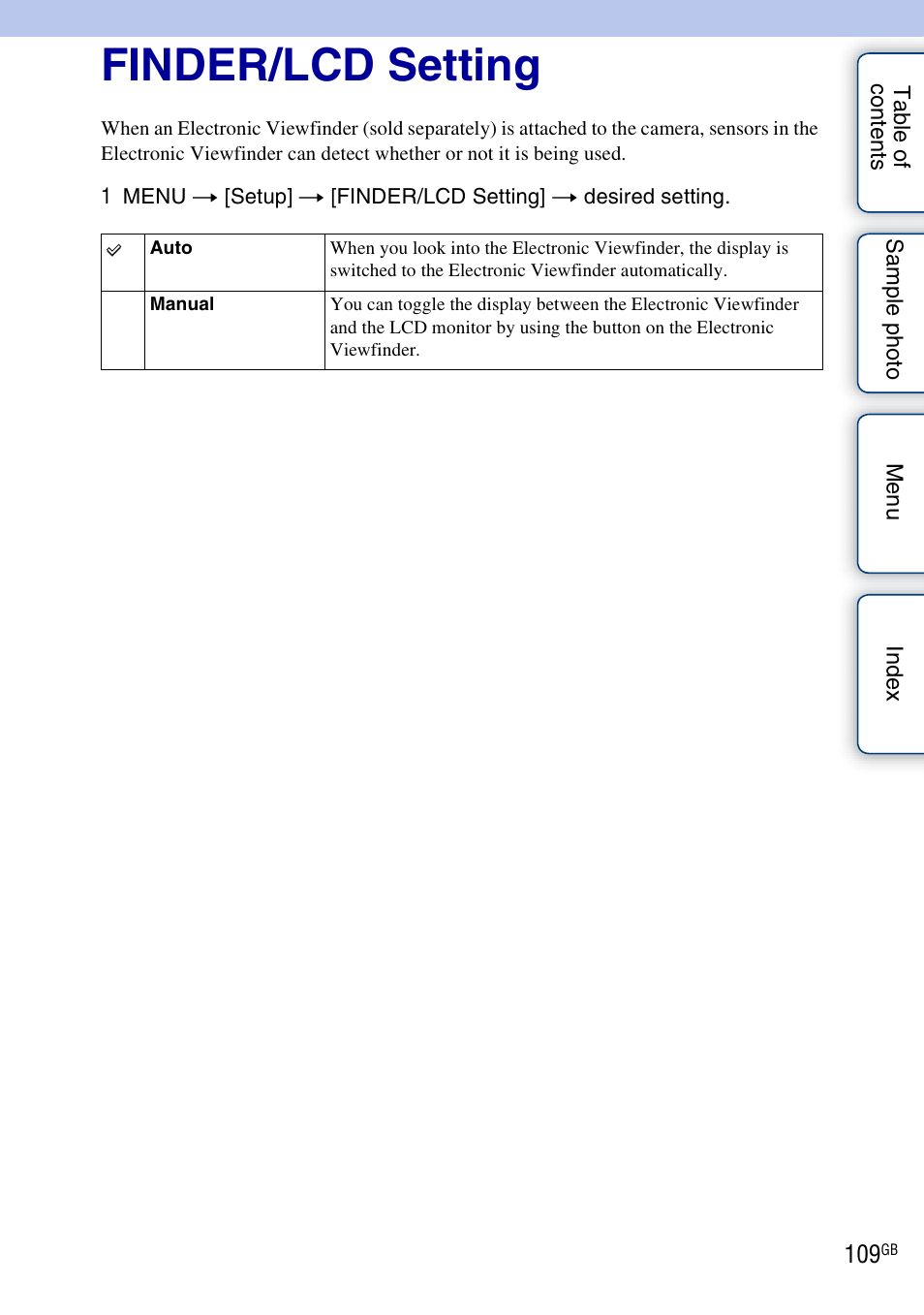 Finder/lcd setting | Sony NEX-5NK User Manual | Page 109 / 200