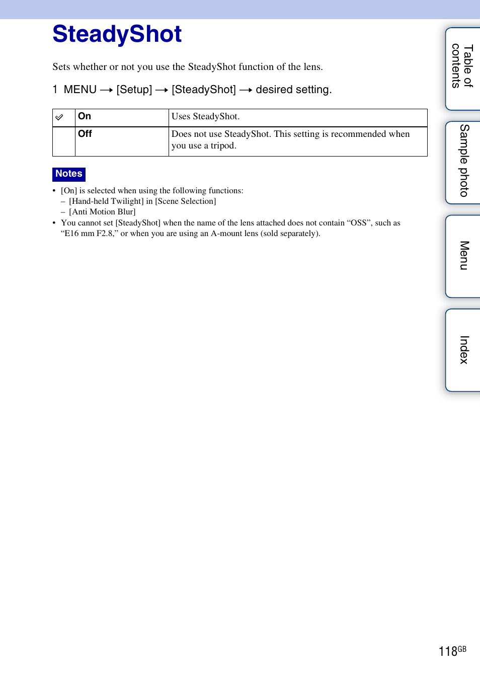 Steadyshot | Sony NEX-5NK User Manual | Page 118 / 200