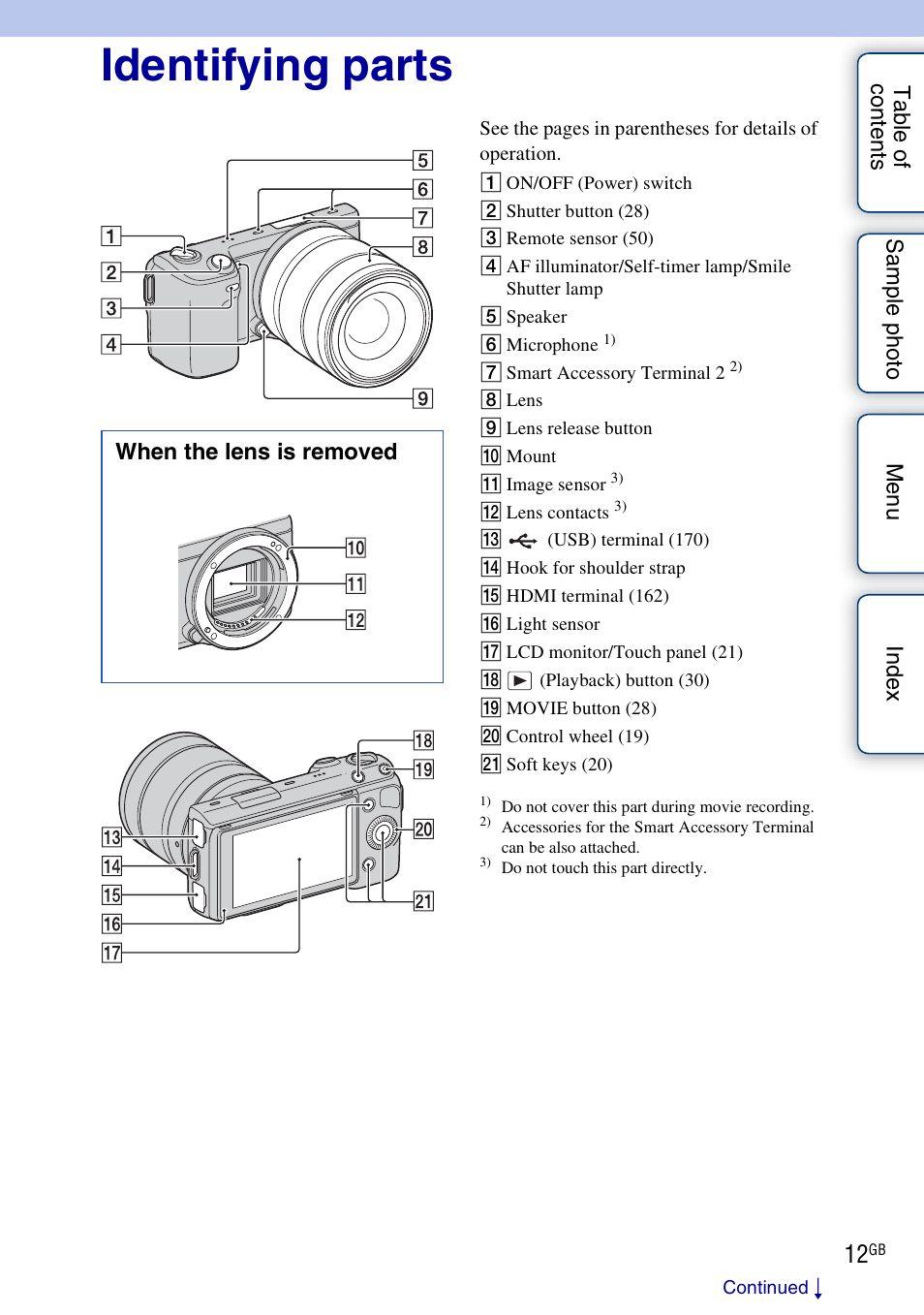 Identifying parts | Sony NEX-5NK User Manual | Page 12 / 200