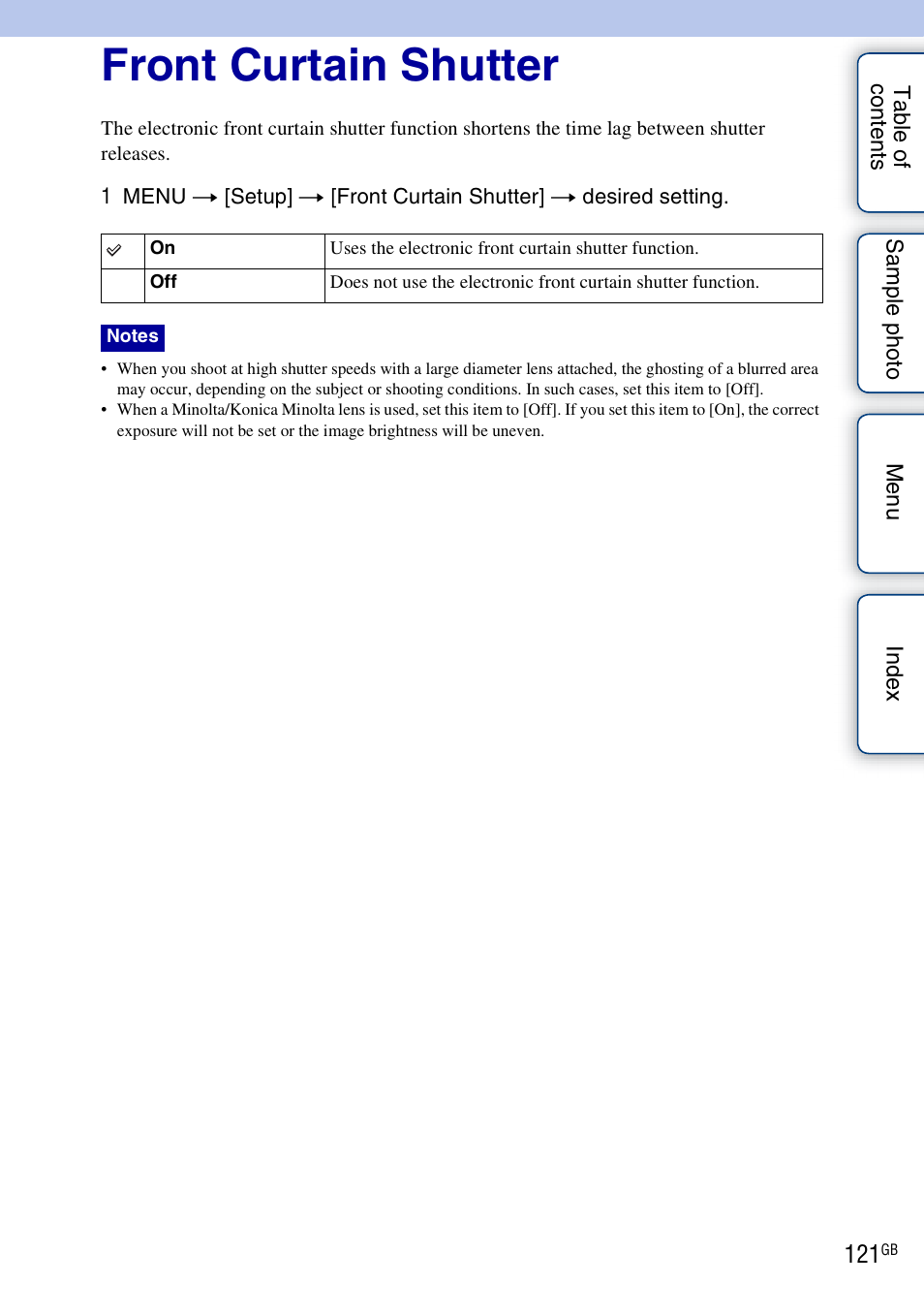 Front curtain shutter | Sony NEX-5NK User Manual | Page 121 / 200