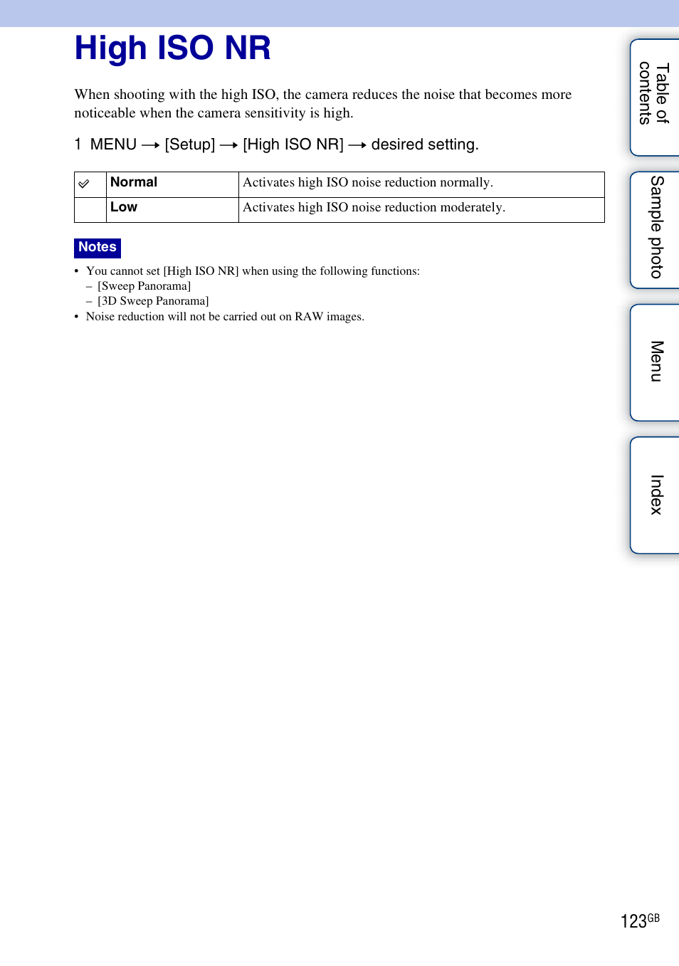 High iso nr | Sony NEX-5NK User Manual | Page 123 / 200