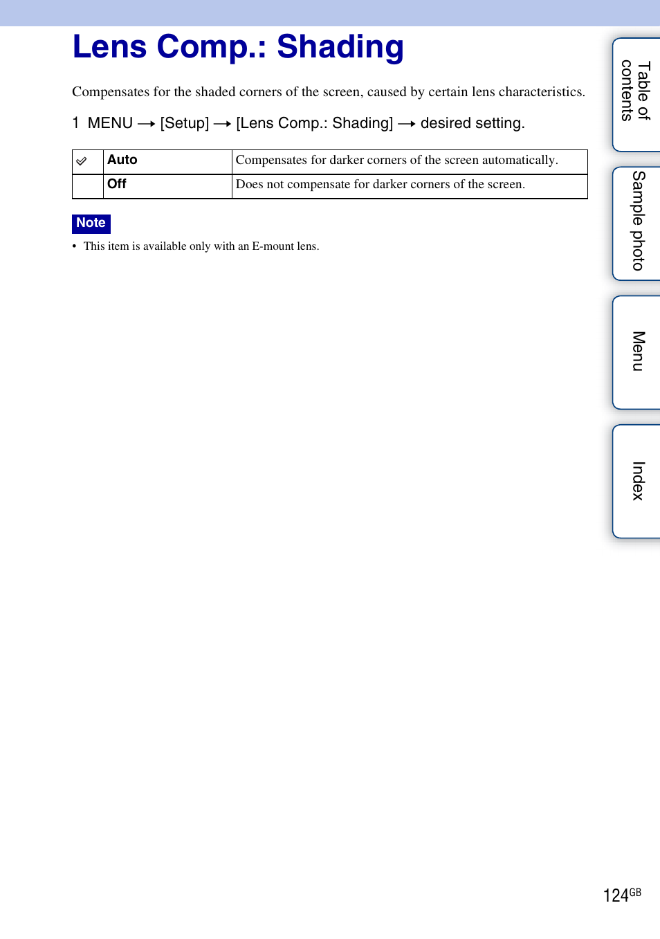 Lens comp.: shading | Sony NEX-5NK User Manual | Page 124 / 200