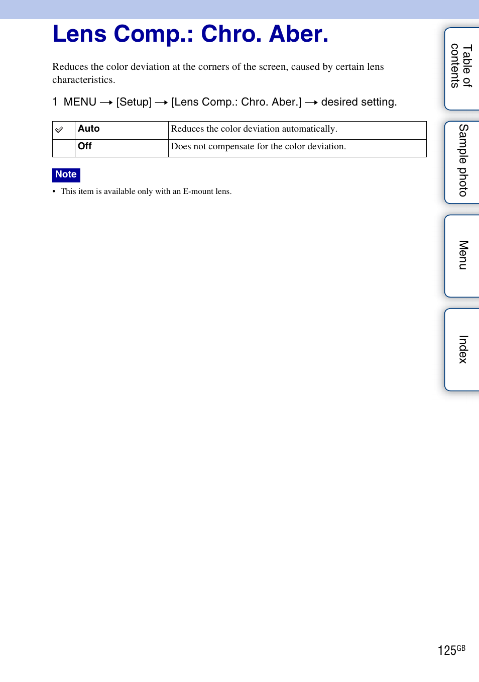 Lens comp.: chro. aber | Sony NEX-5NK User Manual | Page 125 / 200
