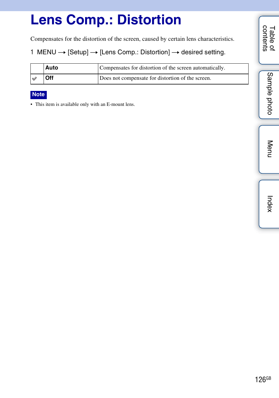 Lens comp.: distortion | Sony NEX-5NK User Manual | Page 126 / 200