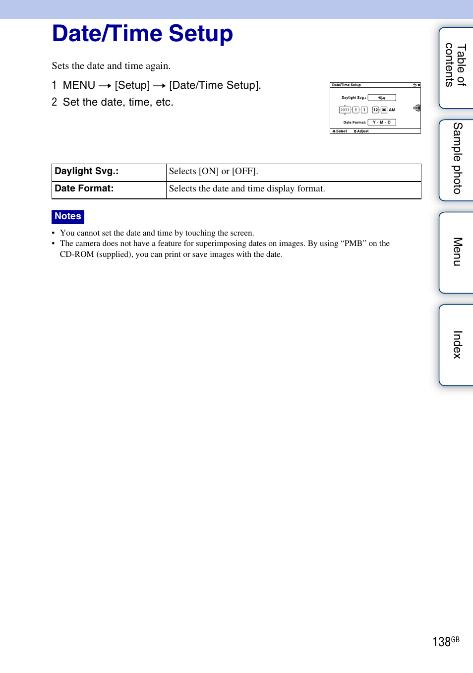 Date/time setup | Sony NEX-5NK User Manual | Page 138 / 200