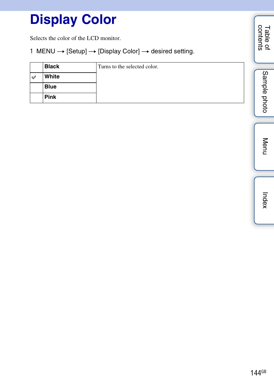 Display color | Sony NEX-5NK User Manual | Page 144 / 200