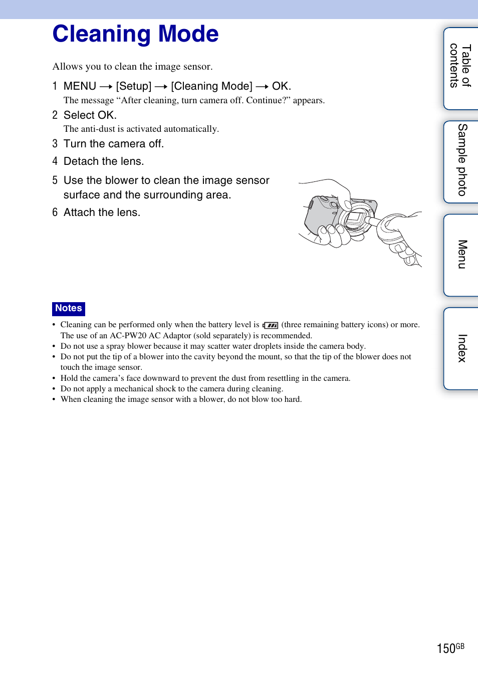 Cleaning mode | Sony NEX-5NK User Manual | Page 150 / 200