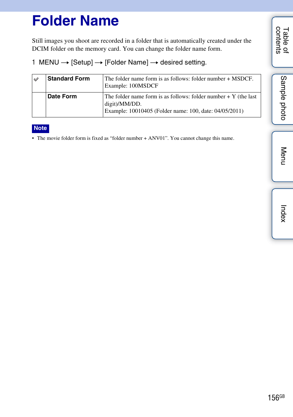 Folder name | Sony NEX-5NK User Manual | Page 156 / 200