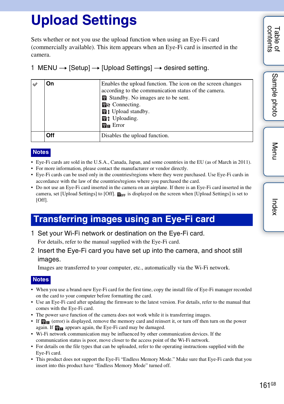 Upload settings, Transferring images using an eye-fi card | Sony NEX-5NK User Manual | Page 161 / 200