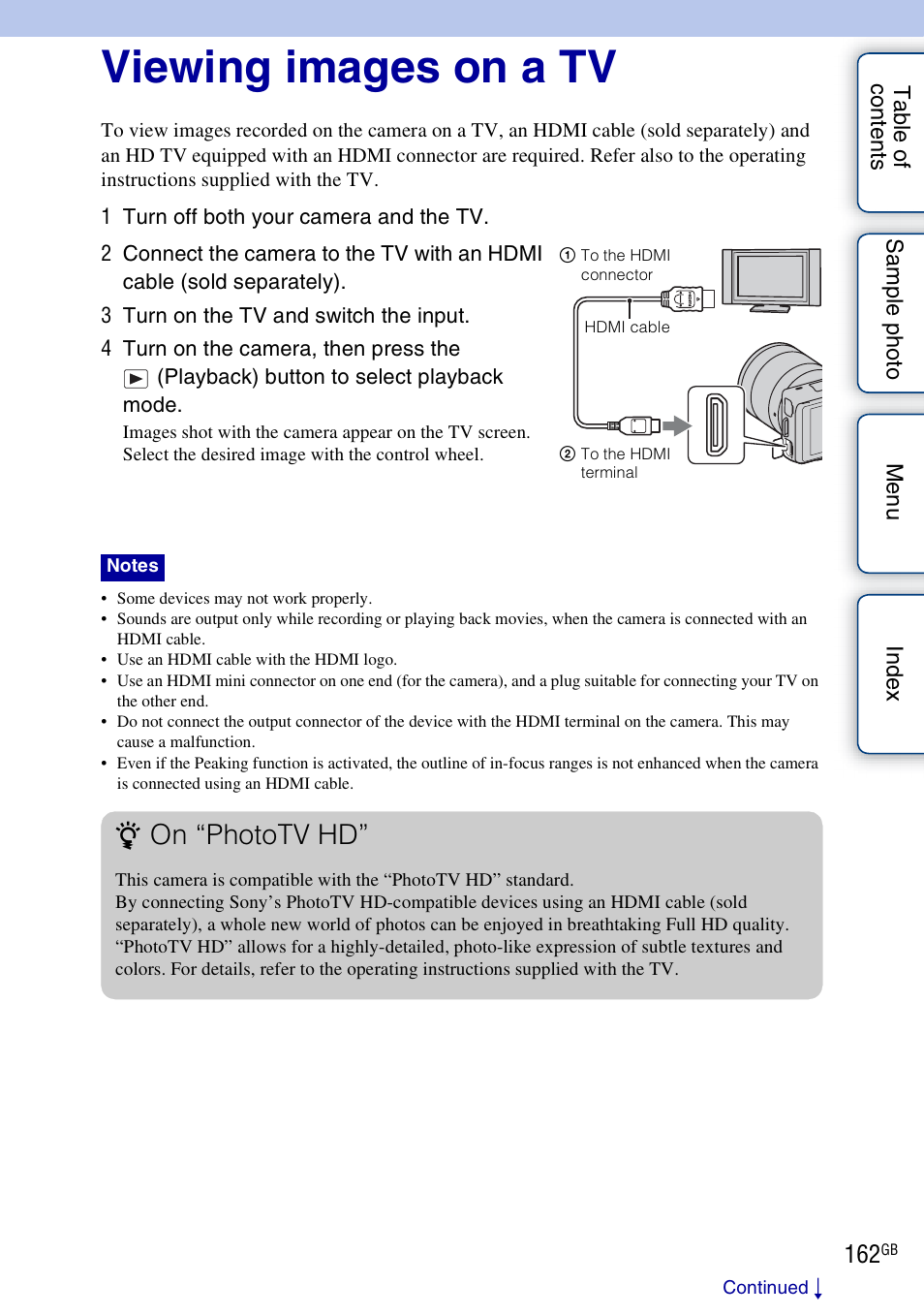 Viewing images on a tv, Connecting with other equipment, On “phototv hd | Sony NEX-5NK User Manual | Page 162 / 200