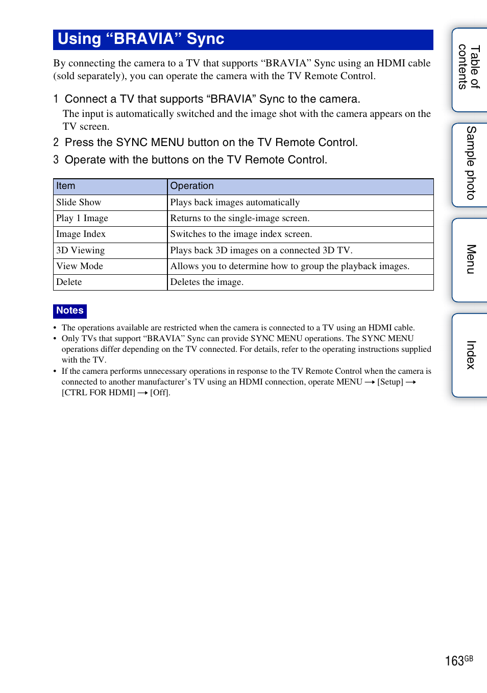 Using “bravia” sync | Sony NEX-5NK User Manual | Page 163 / 200