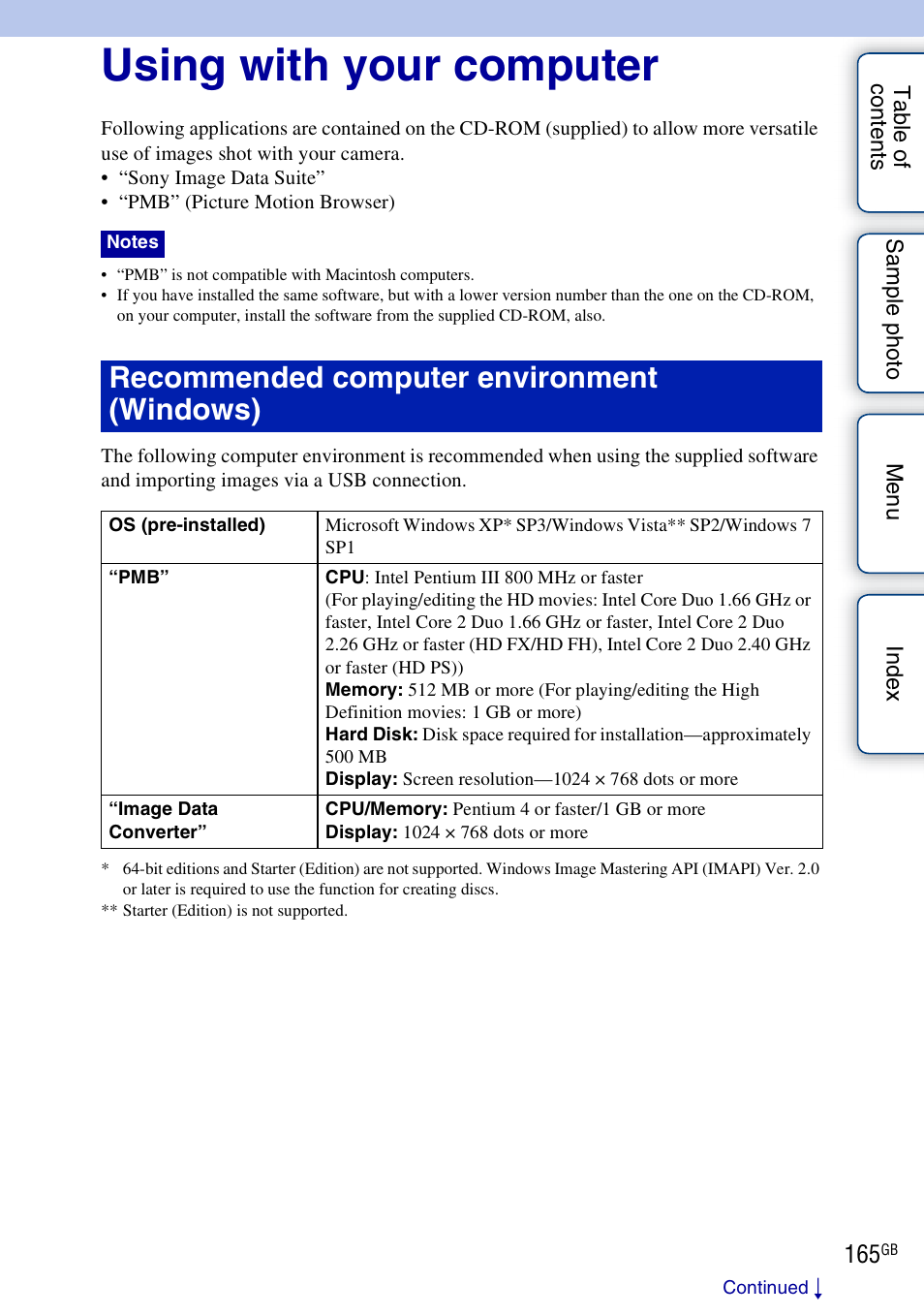 Using with your computer, Recommended computer environment (windows) | Sony NEX-5NK User Manual | Page 165 / 200