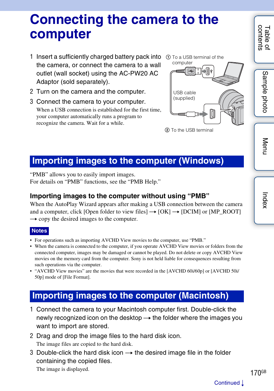 Connecting the camera to the computer, 170). i, Importing images to the computer (windows) | Importing images to the computer (macintosh) | Sony NEX-5NK User Manual | Page 170 / 200