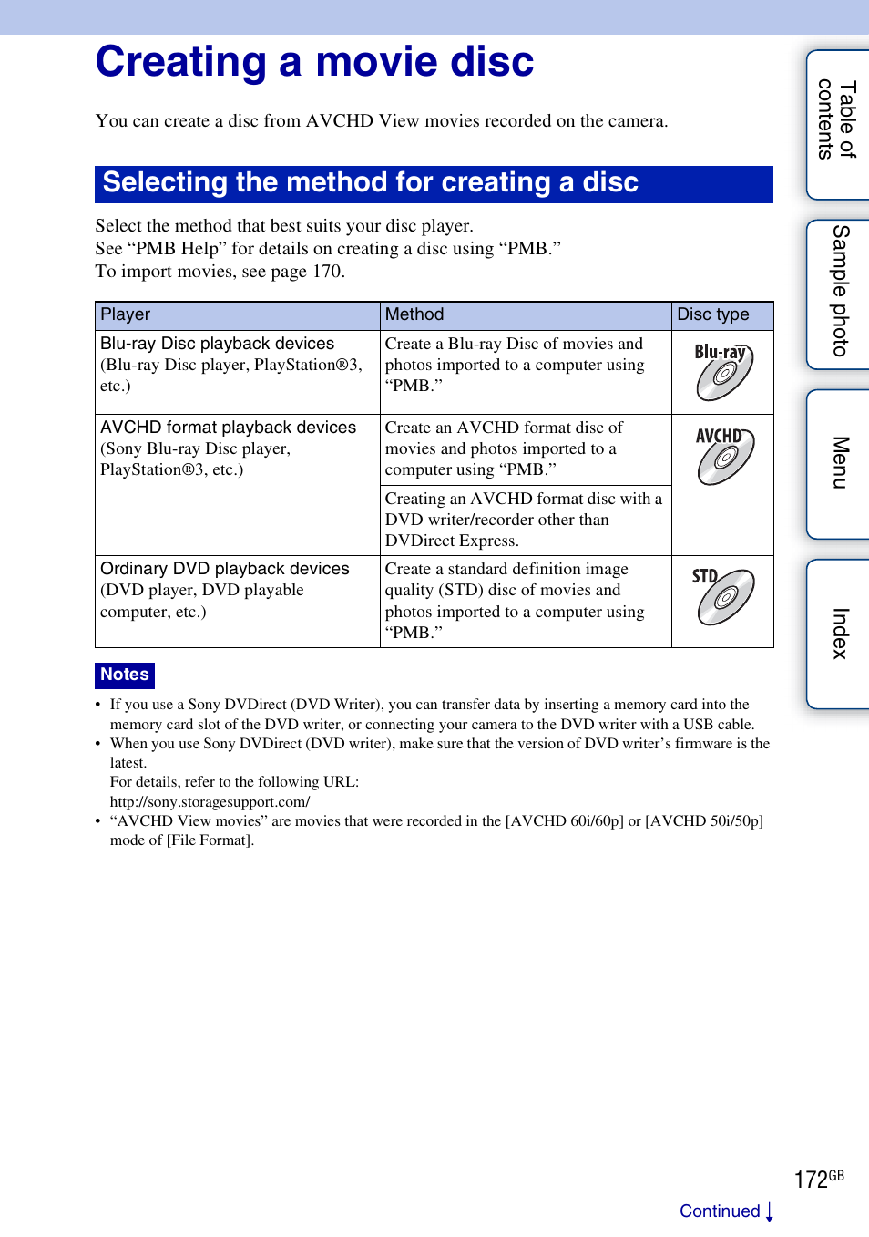 Creating a movie disc, Selecting the method for creating a disc | Sony NEX-5NK User Manual | Page 172 / 200