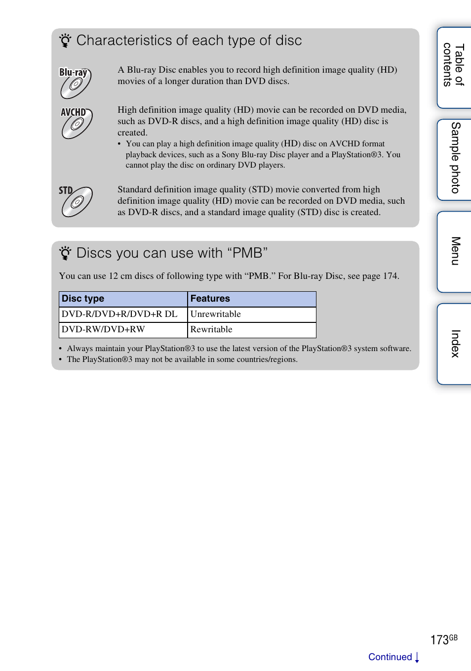 Characteristics of each type of disc, Discs you can use with “pmb | Sony NEX-5NK User Manual | Page 173 / 200