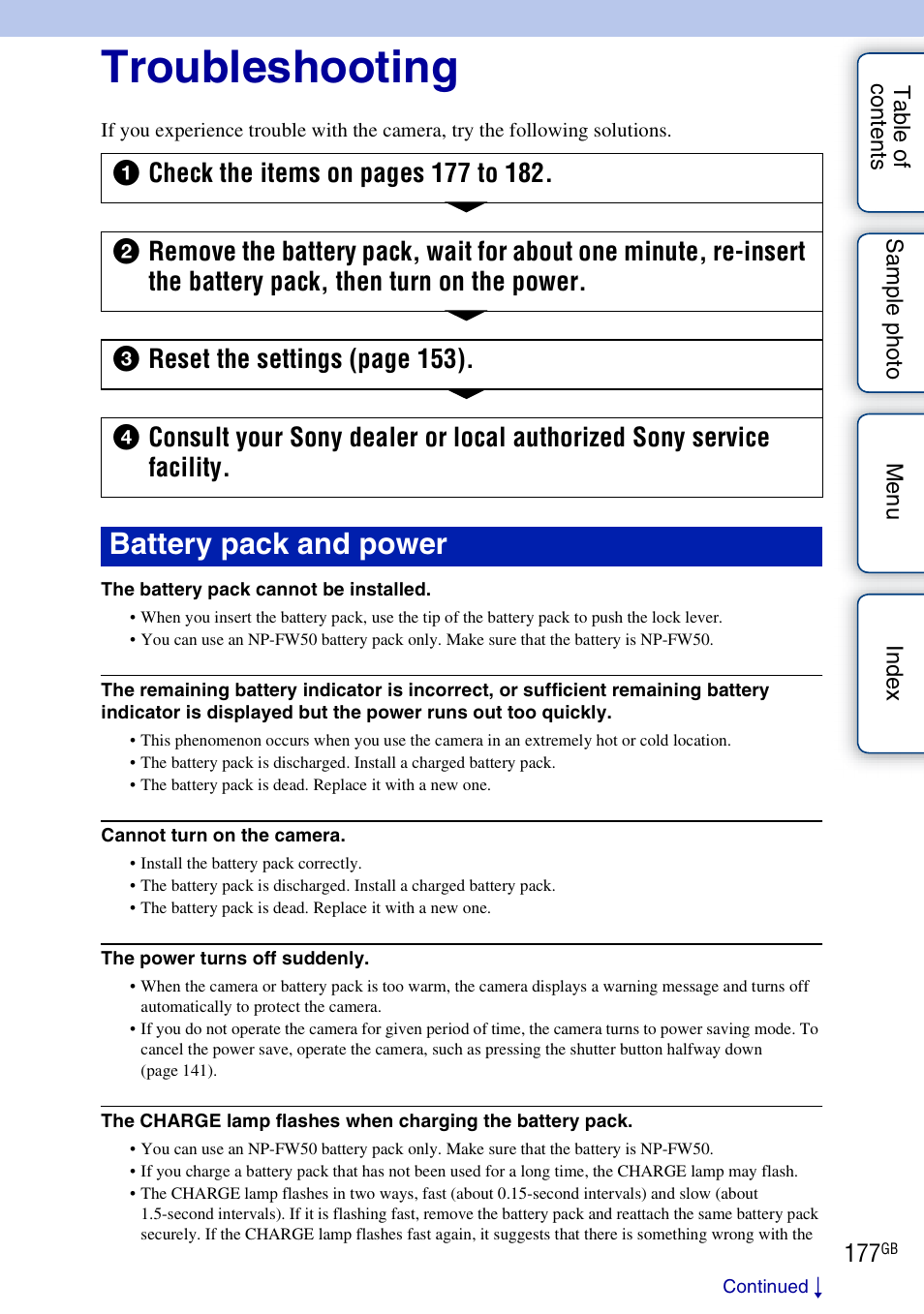 Troubleshooting, Battery pack and power | Sony NEX-5NK User Manual | Page 177 / 200